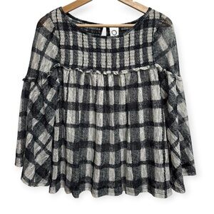Akemi + Kin Anthropologie Patrizia Plaid Lace Flare Sleeve Blouse XS